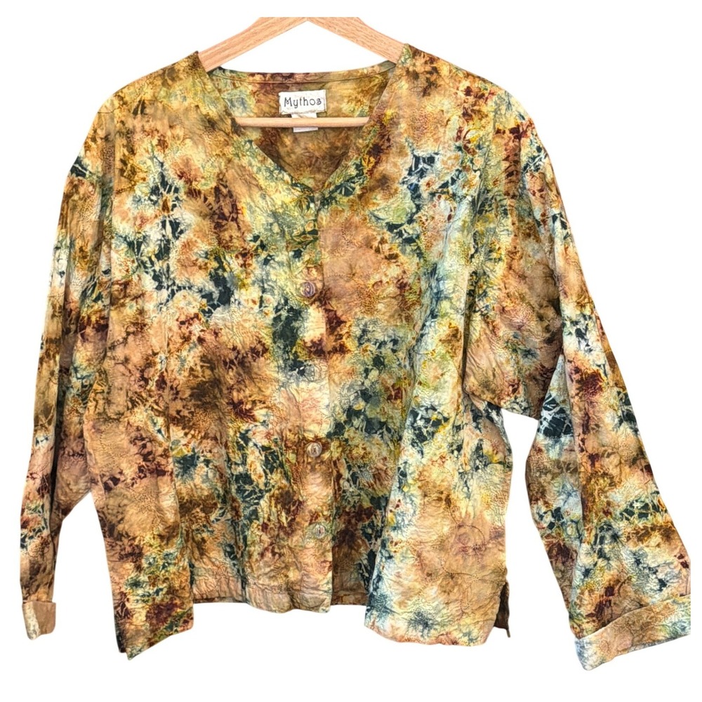 90s Mythos Button Up Top Boho Earthy Art to Wear Tie Dye Floral Embroidery XL